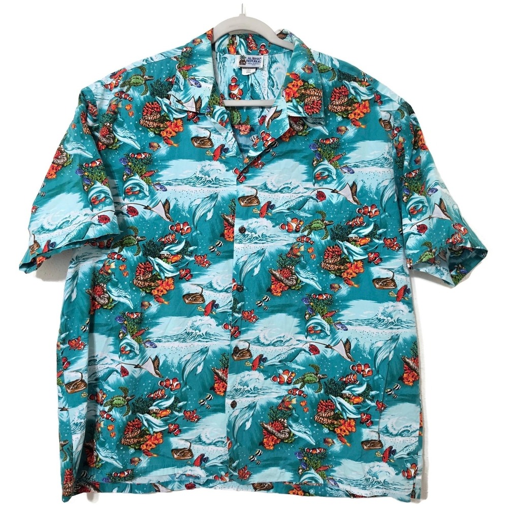 Aloha Republic Shirt Mens 2XL Blue Ocean Sea Life Hawaiian Short Sleeve Button
